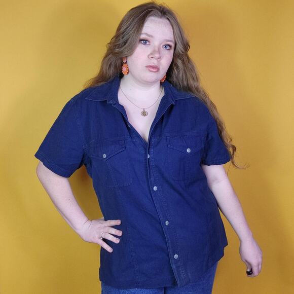 Faded Glory Navy Blue Button Up Short Sleeve Shirt, 18W - Picture 1 of 4